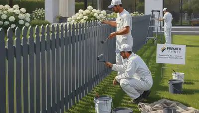 Fence painters applying durable finish on a Knoxville, TN wood fence