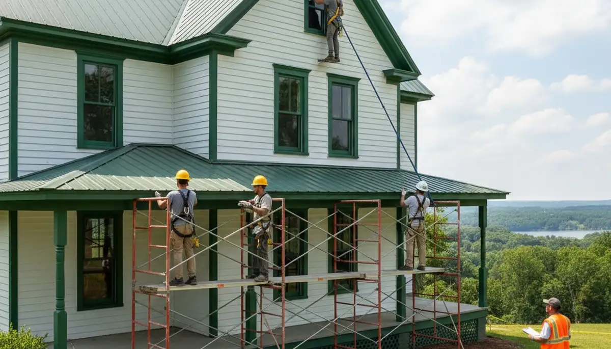 Painting contractors working on a Knoxville, TN home exterior for professional house painting services