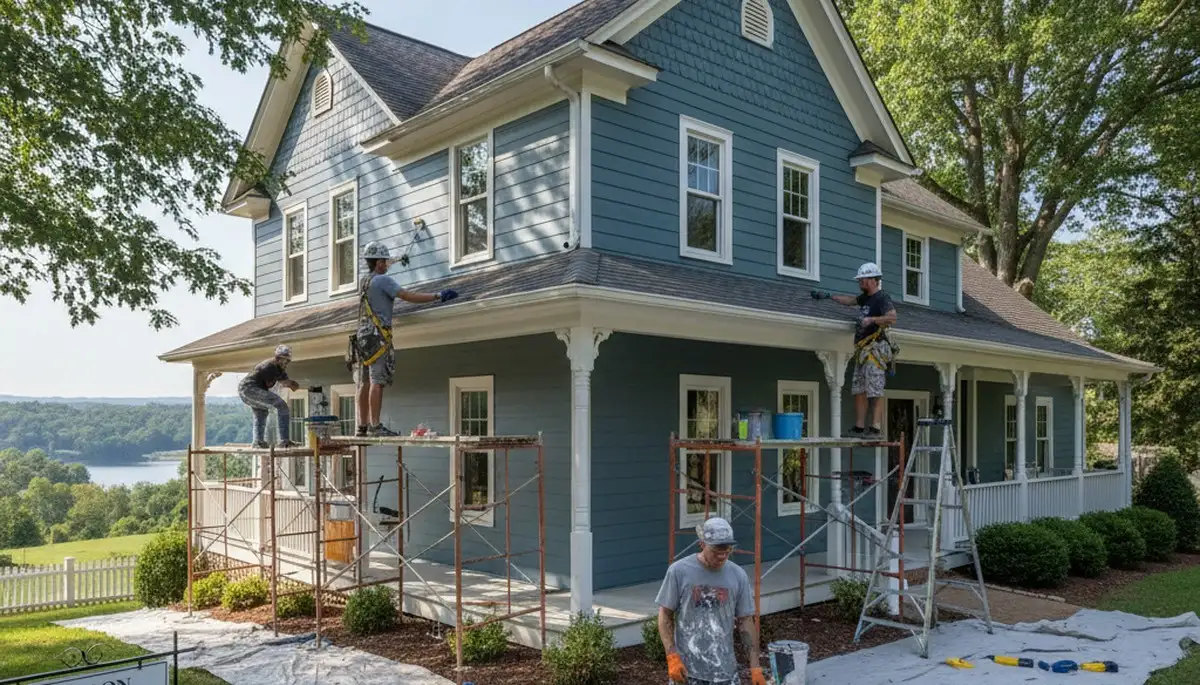 Painting contractors in Knoxville, TN applying fresh exterior paint to a home